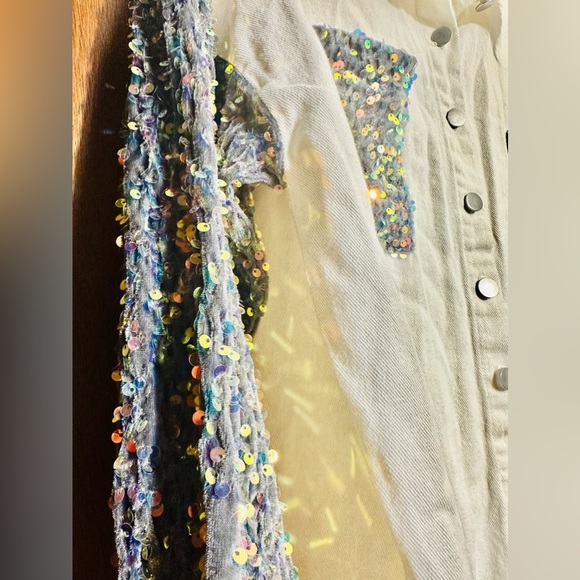 CHICME Women White Denim Shirt Glittered Silver Spandex Fabric, Size Large - Picture 4 of 6